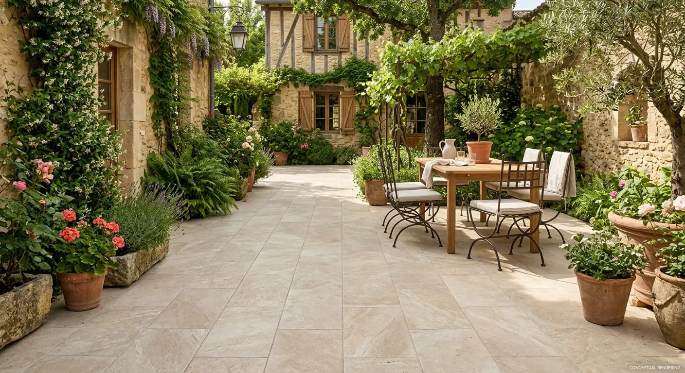 Conceptual rendering of stone courtyard with porcelain pavers.