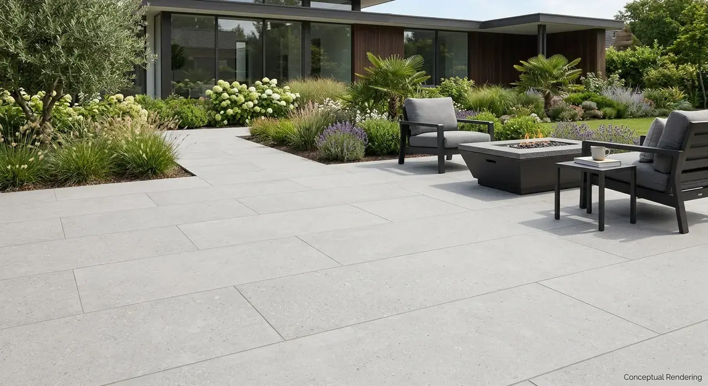 Conceptual rendering of a light gray large-format paver hardscape patio with a fire pit and lounge chairs beside a modern home and garden.