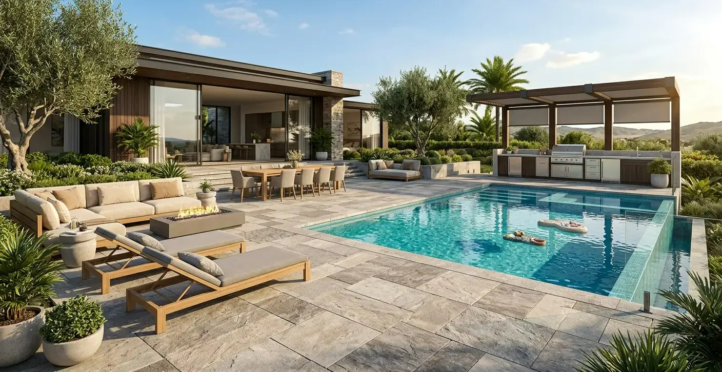 Conceptual rendering of a gray natural stone paver hardscape pool deck with lounge chairs, a fire pit, dining area, and outdoor kitchen beside a modern home.