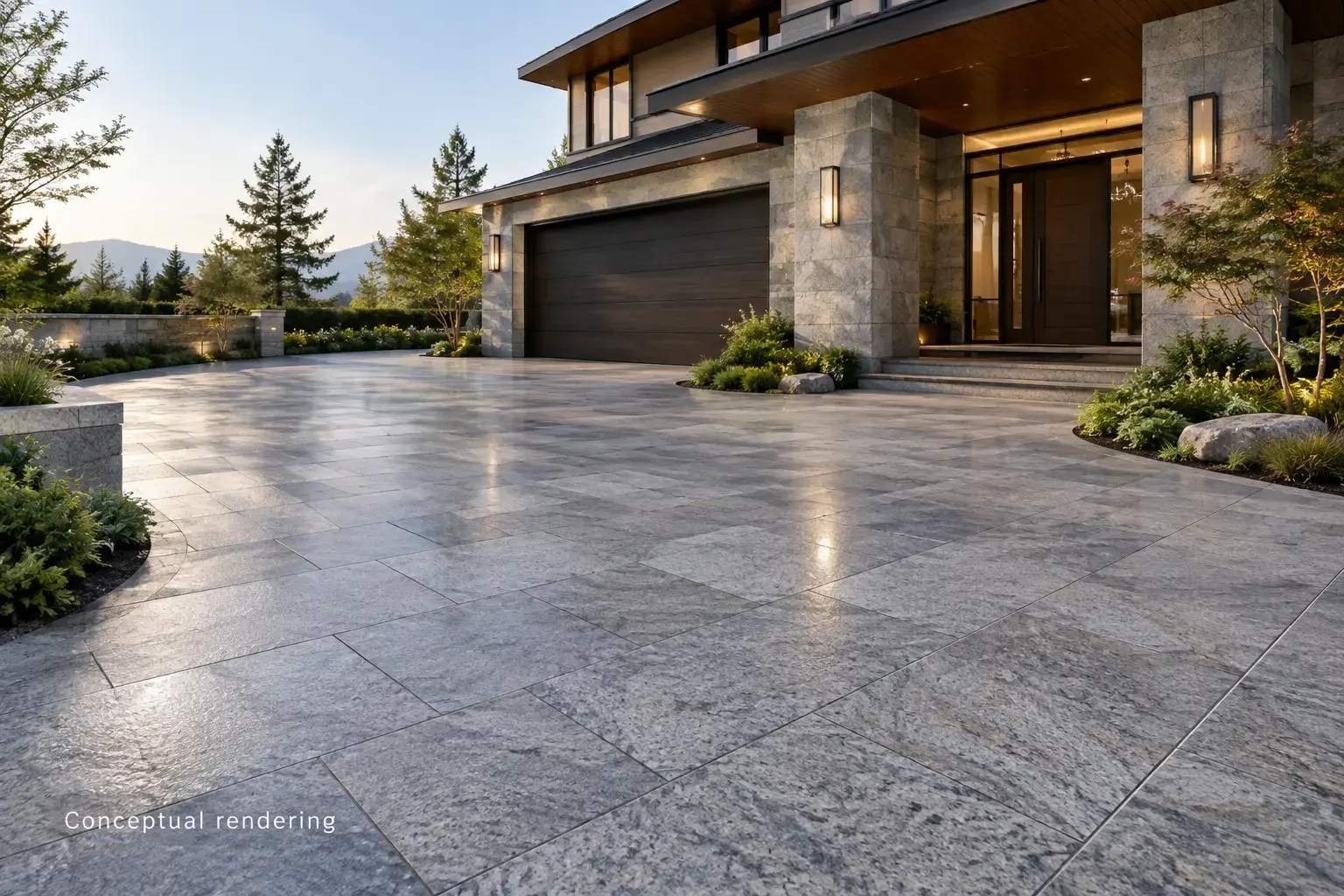 Conceptual rendering of granite hardscape in driveway and entrance.