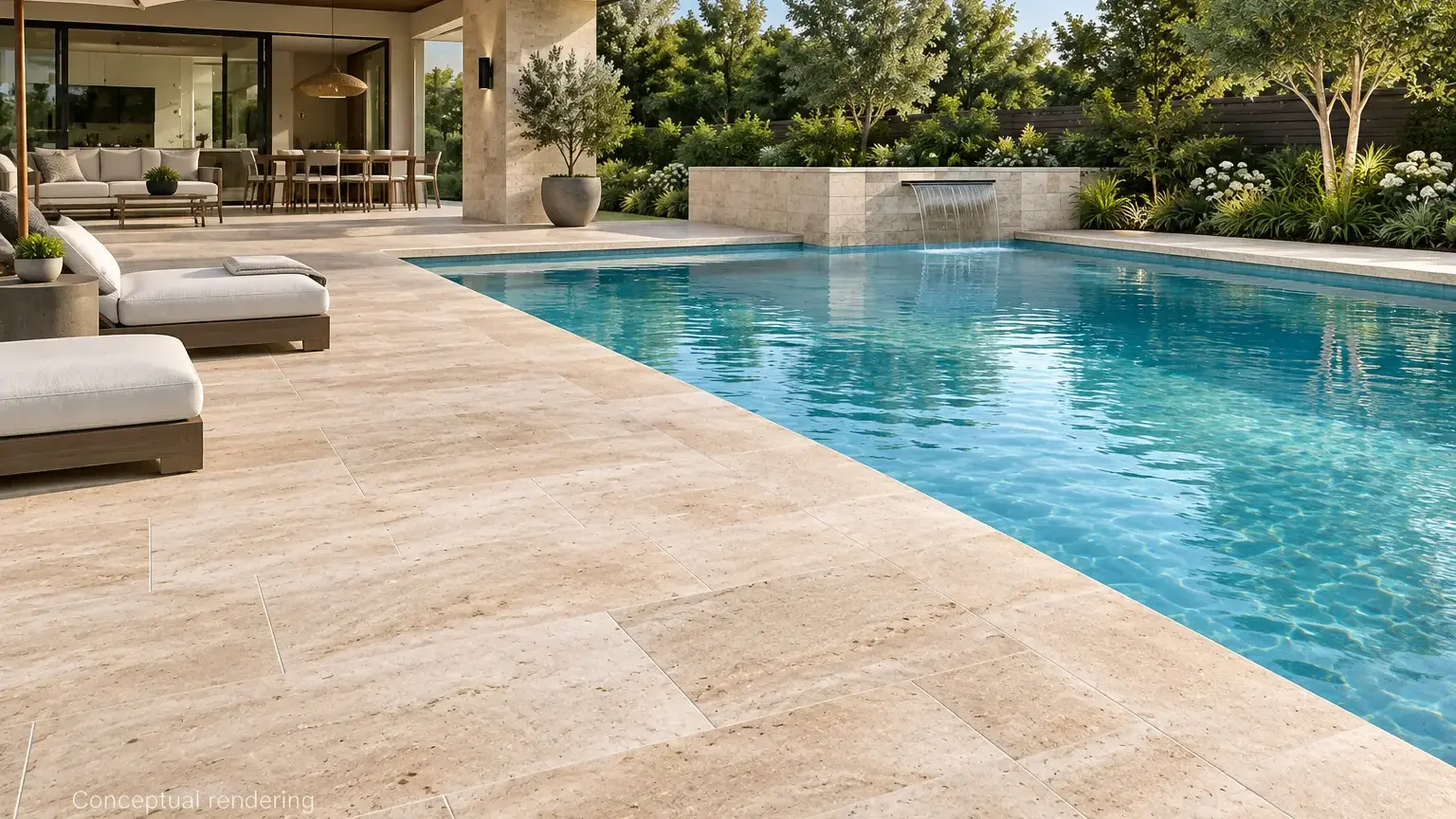Conceptual rendering of backyard pool with a travertine hardscape stone deck and modern landscaping.