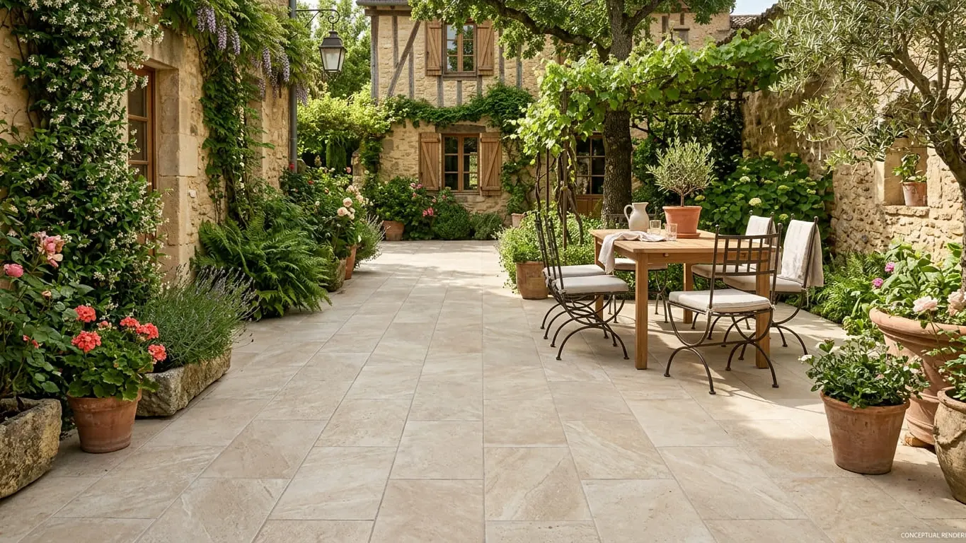 Conceptual rendering of stone courtyard with light beige porcelain pavers.