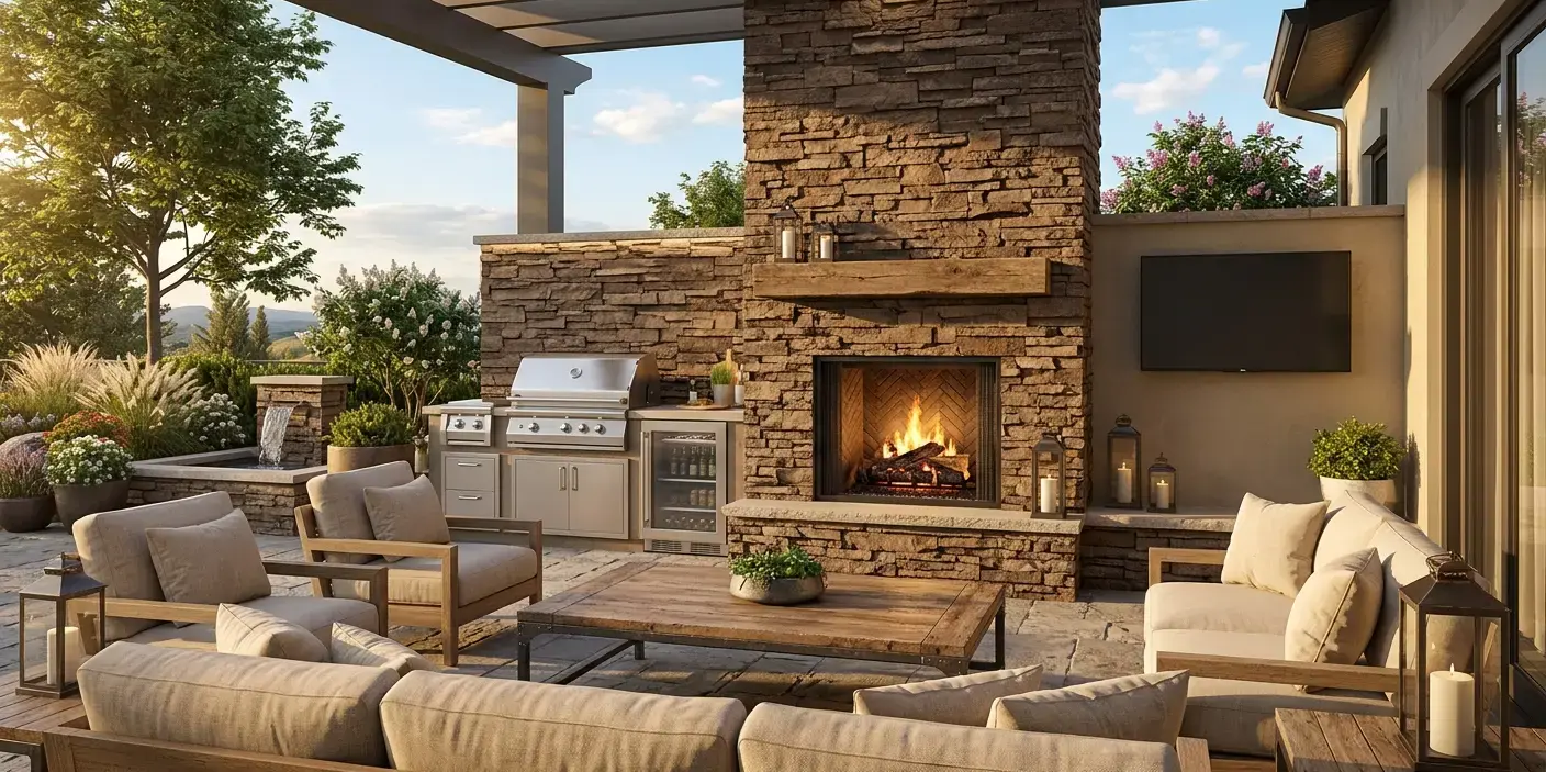 Conceptual rendering of brown ledger stone fireplace surround on a home exterior.