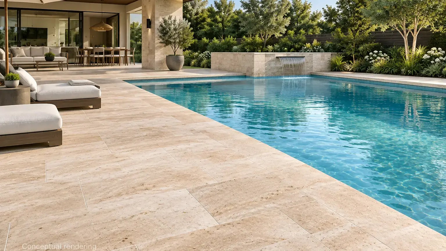 Conceptual rendering of backyard pool with travertine hardscape stone deck and modern landscaping.