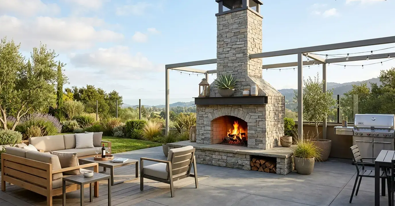 Conceptual rendering of gray stacked stone veneer on an outdoor fireplace and chimney.