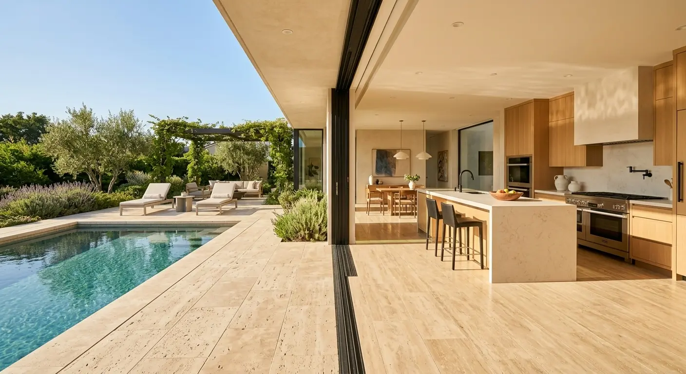 Conceptual rendering of an ivory travertine pool deck flowing into an indoor kitchen.