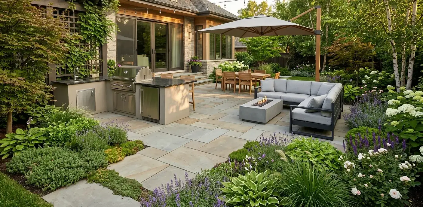Conceptual rendering of hardscape and softscape areas in a modern outdoor patio.