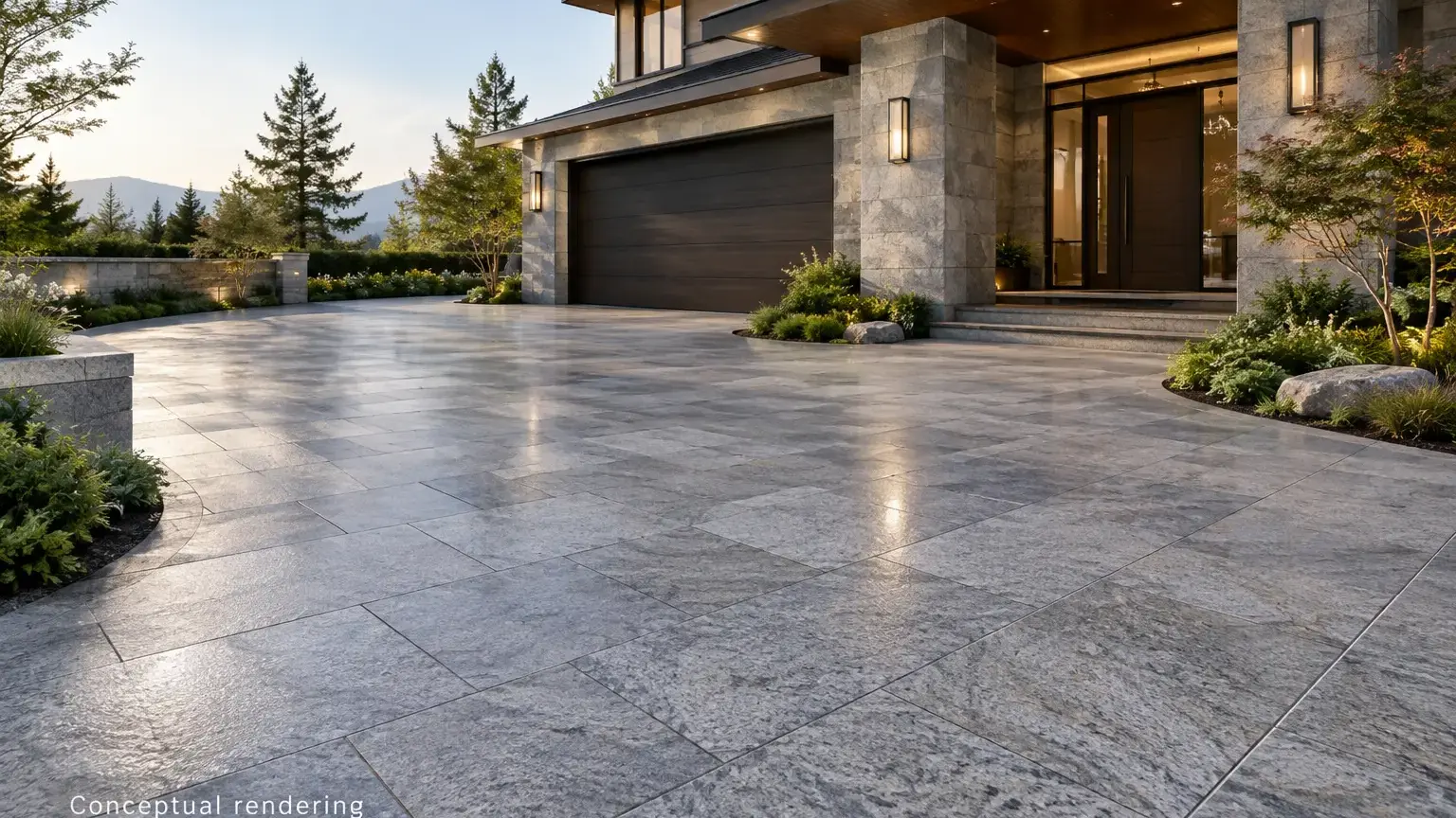 Conceptual rendering of a home exterior with a granite driveway and landscaped entrance.