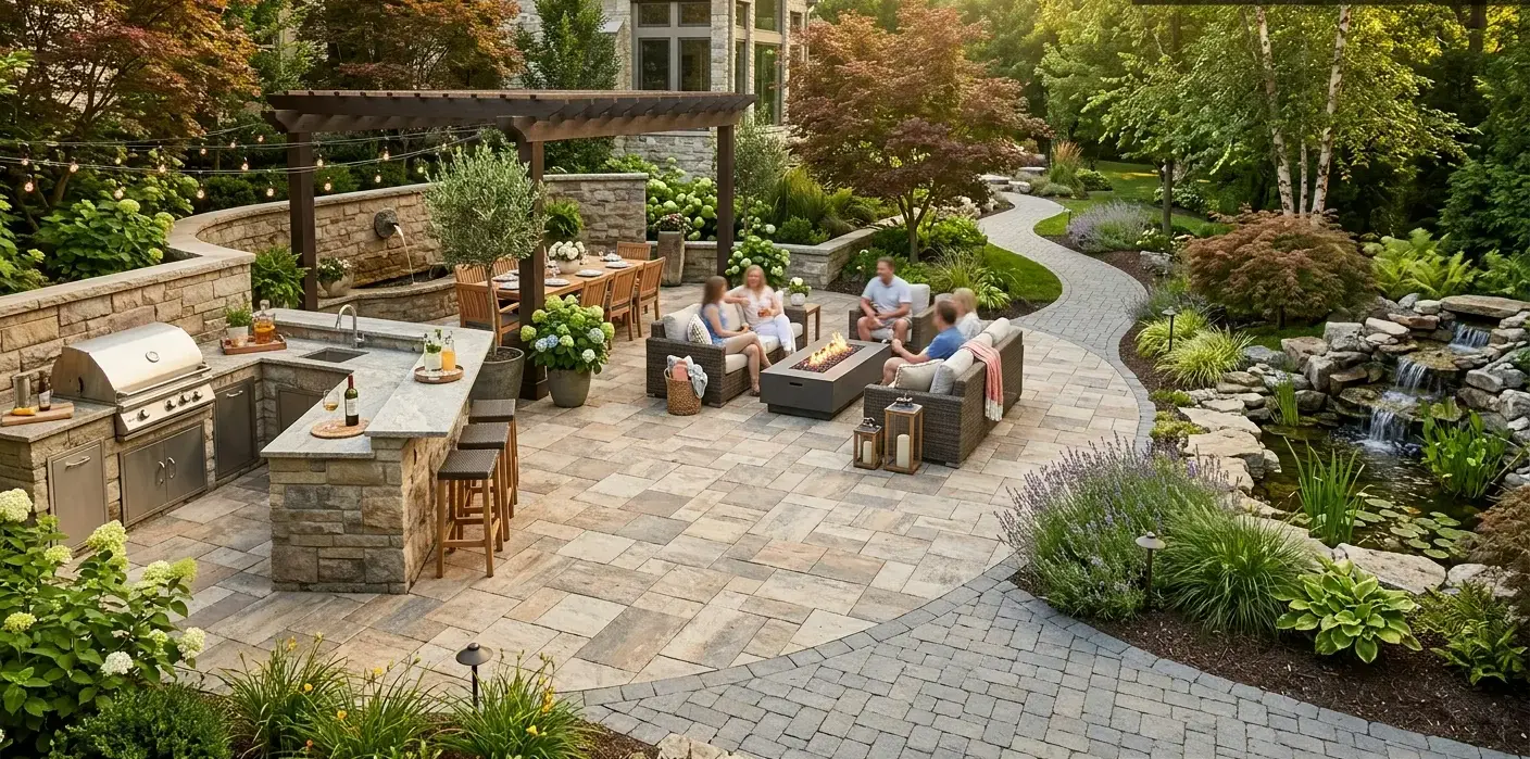 Conceptual rendering of a backyard hardscape with blended tan and gray stone pavers, an outdoor kitchen, fire pit seating, and a curving charcoal paver walkway.