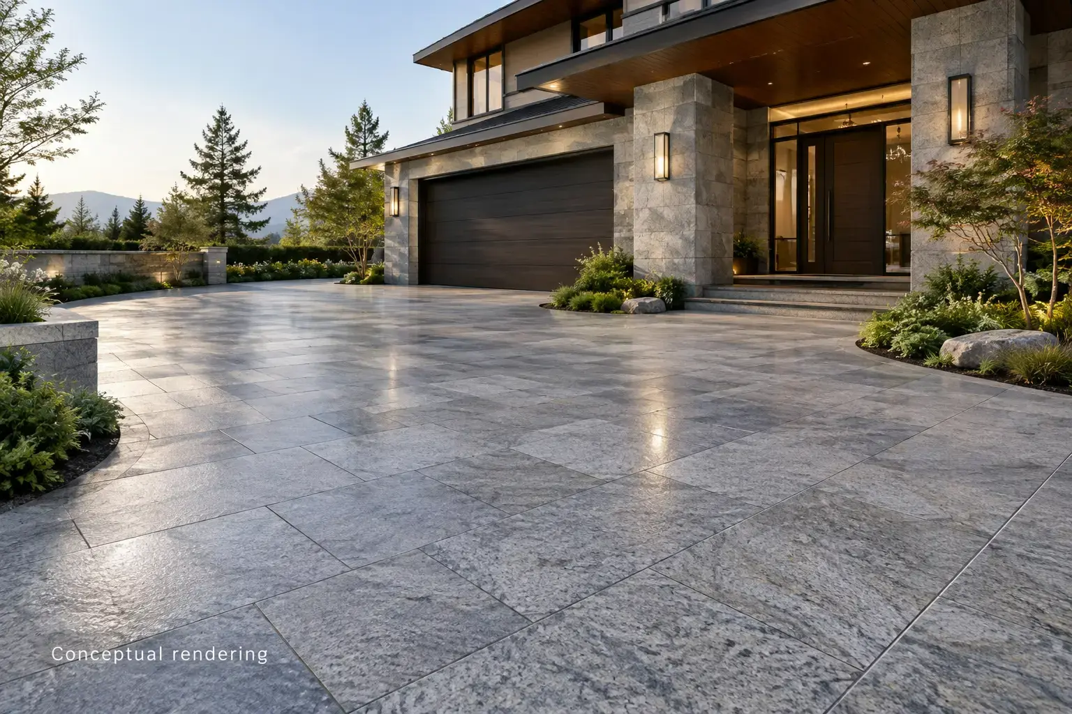 Conceptual rendering of a driveway paved in large-format gray granite pavers, with matching stone-clad columns at a modern home entry.