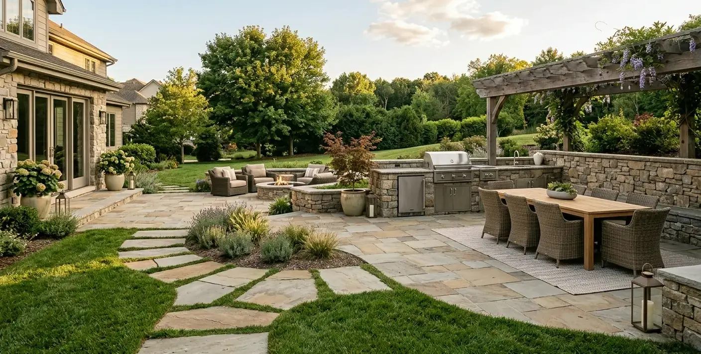 Conceptual rendering of a backyard hardscape with a multicolor flagstone patio and stepping stones, stacked-stone outdoor kitchen, fire pit seating, and pergola dining area.