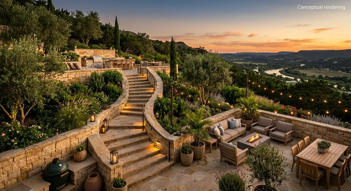 Conceptual rendering of tan limestone terraced hardscape with stone steps, retaining walls, and flagstone patio.