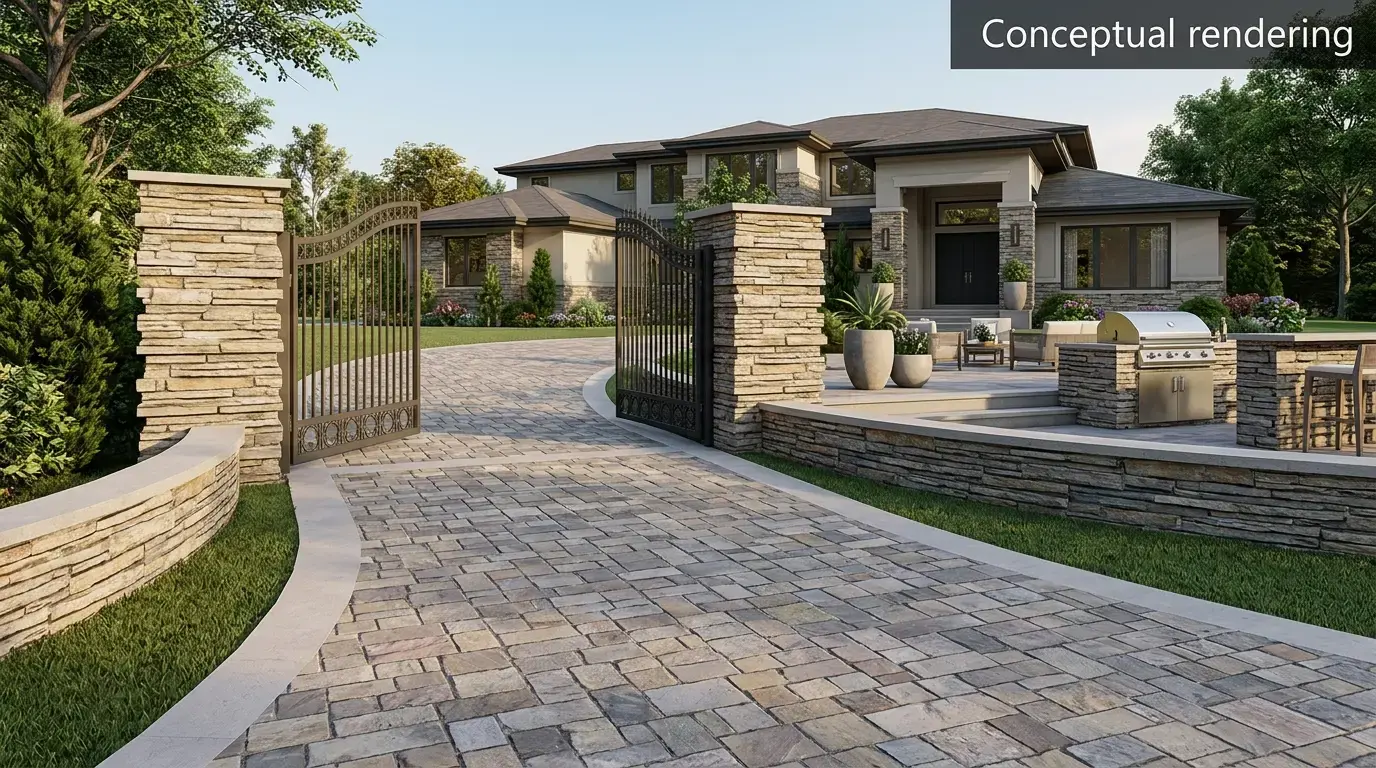 Conceptual rendering of stacked stone in driveway and columns.