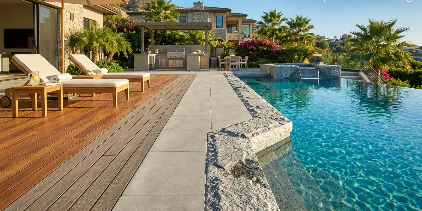 Conceptual rendering of rough-split granite pool coping beside gray pavers.