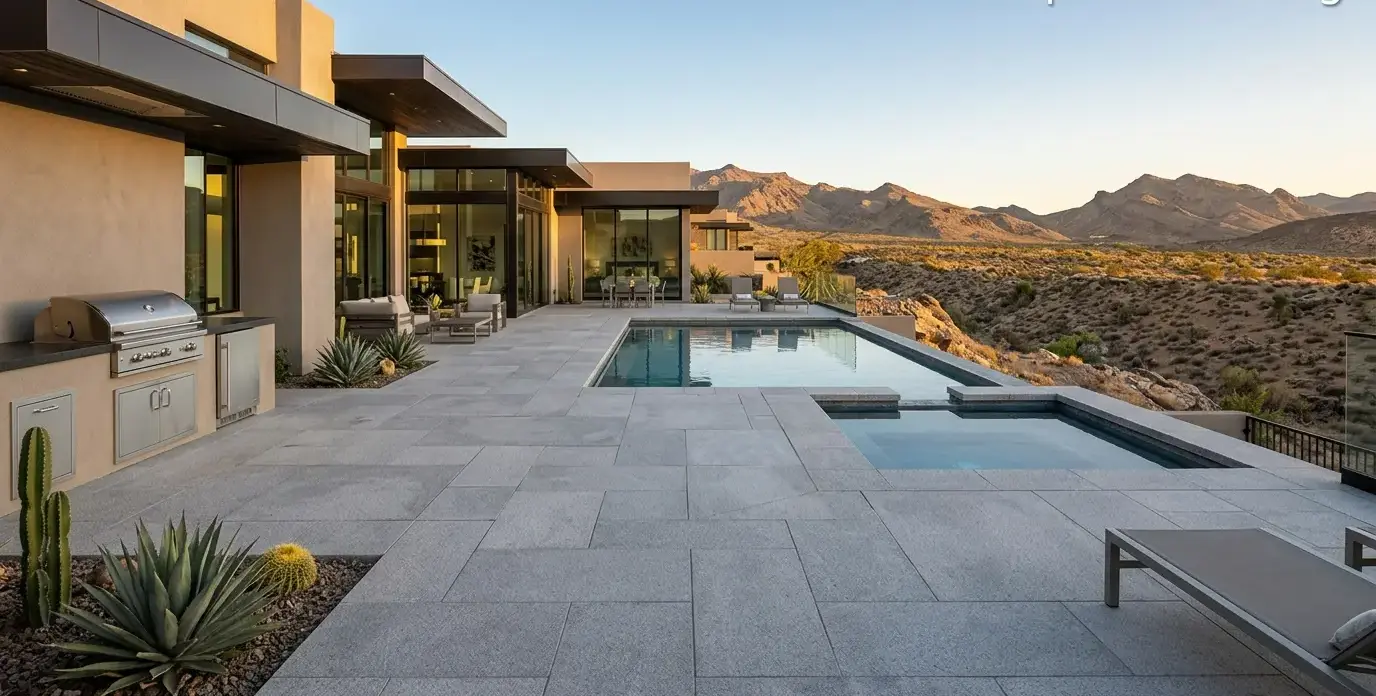 Conceptual rendering of a gray flamed granite pool deck in a desert setting.