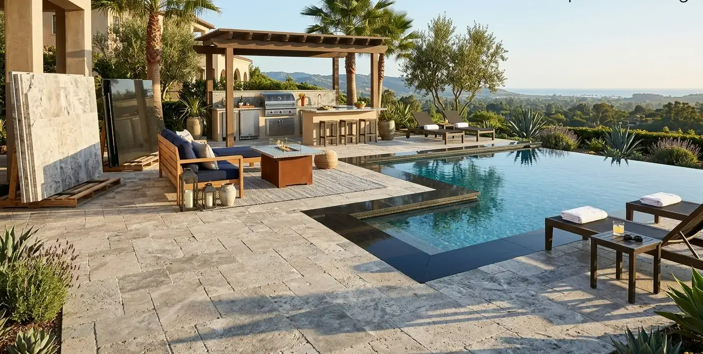 Conceptual rendering of a tumbled travertine pool deck hardscape around an infinity pool.