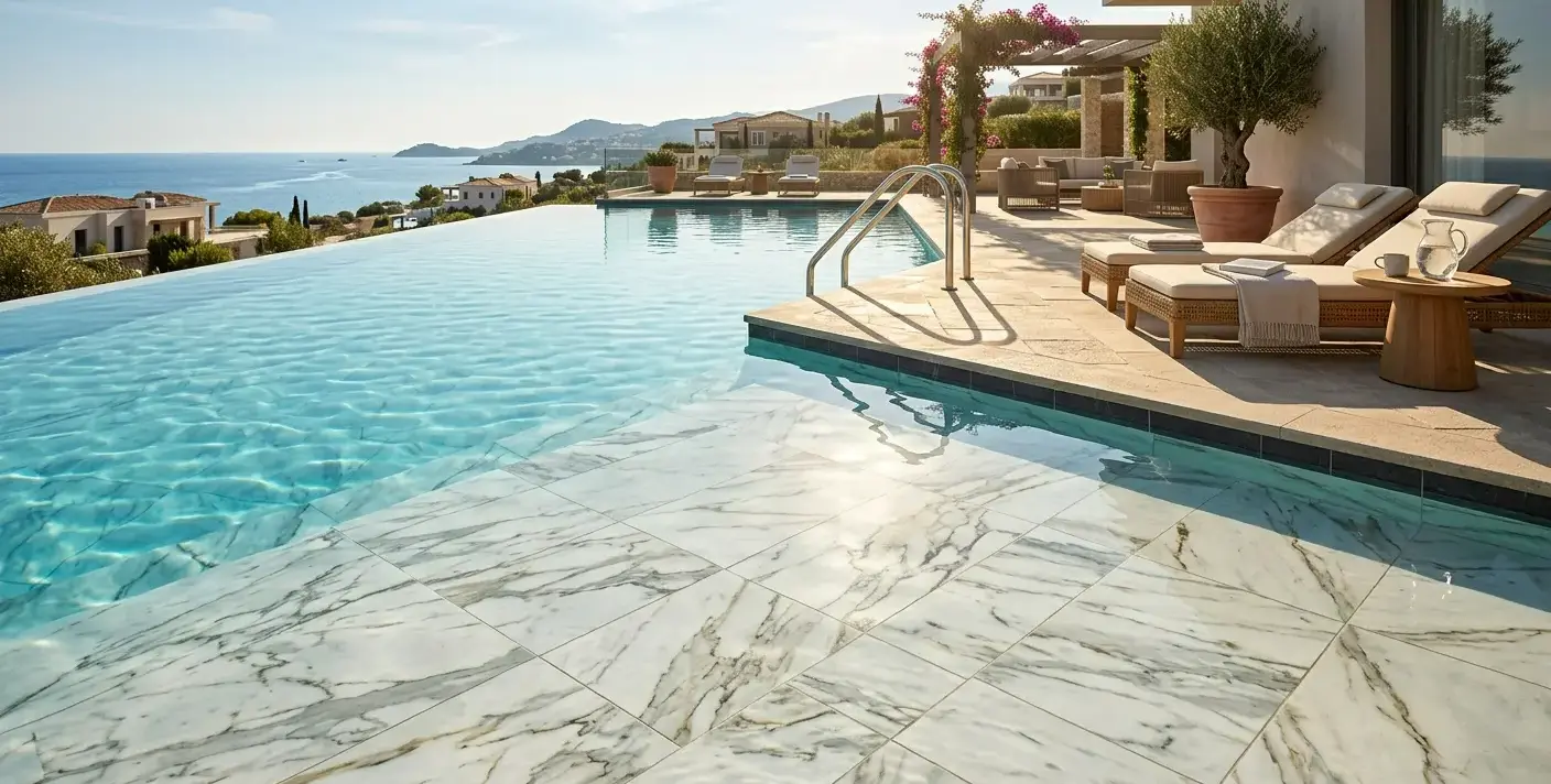 Conceptual rendering of a white veined marble pool hardscape with a submerged sun shelf and beige stone deck around an infinity pool.
