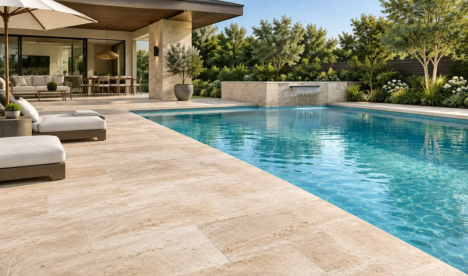 Conceptual rendering of a honed beige travertine pool deck hardscape around a rectangular pool.