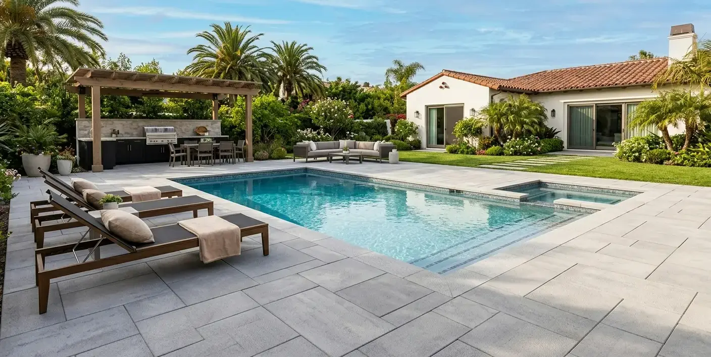 Conceptual rendering of a pool deck with light gray pavers, lounge chairs, and an outdoor kitchen.