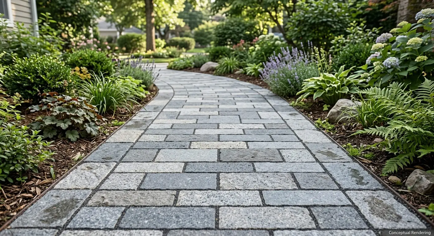 Conceptual rendering of granite paver walkway laid in a running bond pattern.