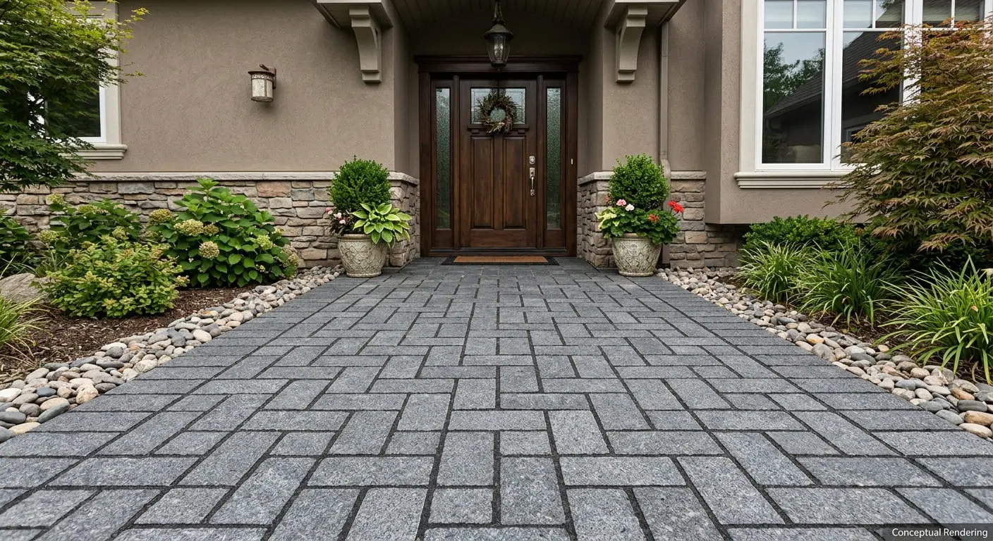 Conceptual rendering of front entryway featuring a basketweave pattern granite paver walkway.