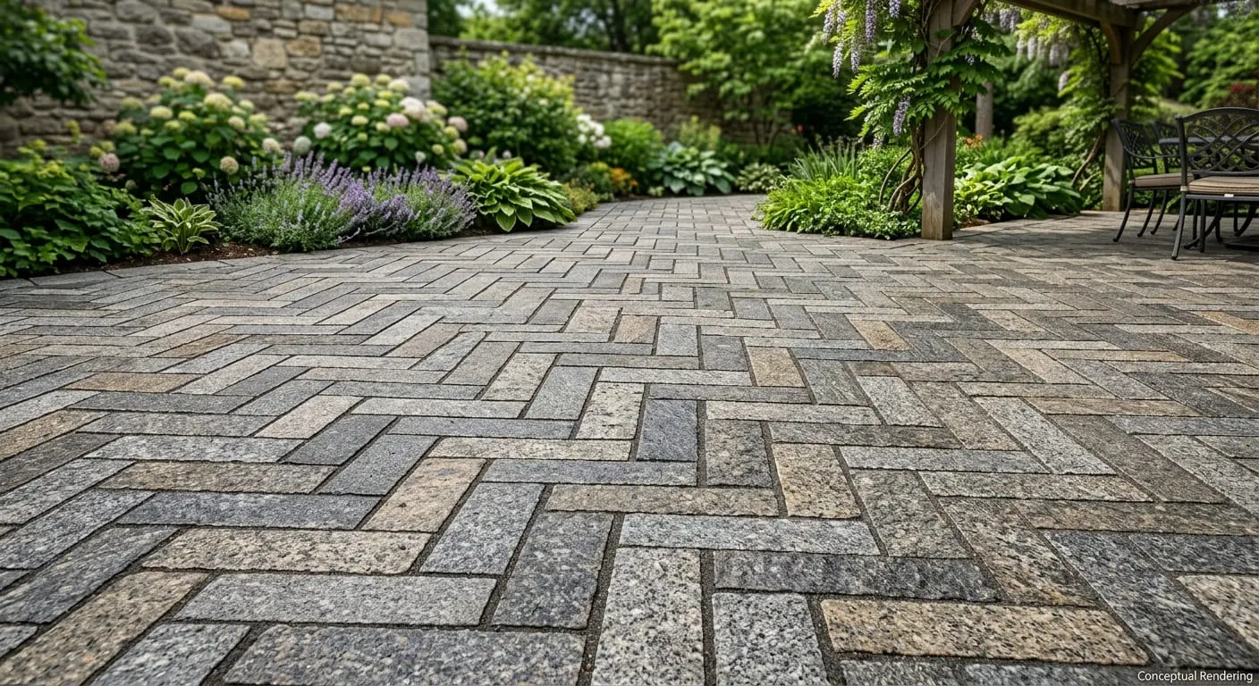 Conceptual rendering of herringbone pattern granite paver patio.