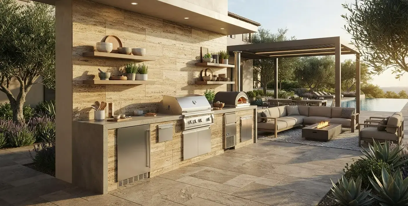 Conceptual rendering of an outdoor kitchen hardscape with travertine walls and stone pavers.