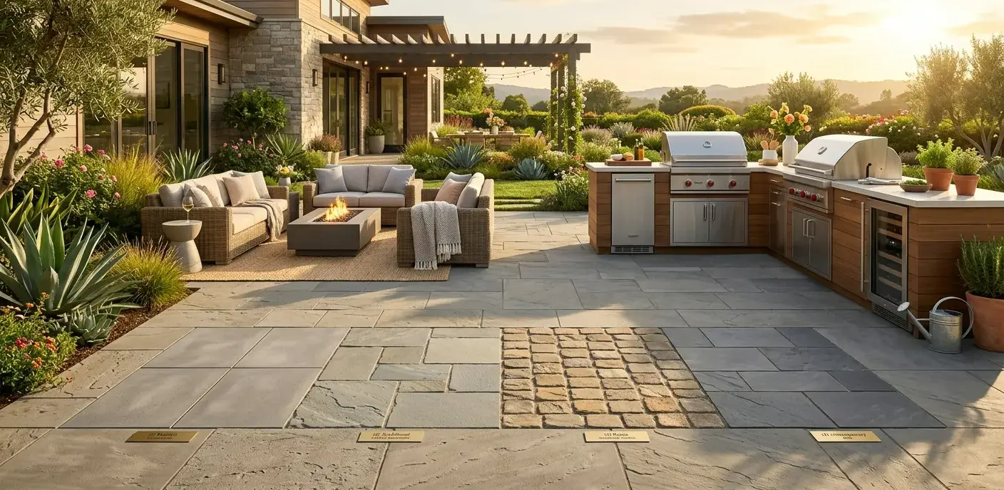 Conceptual rendering of outdoor kitchen paving options with gray stone pavers and a cobblestone inset.
