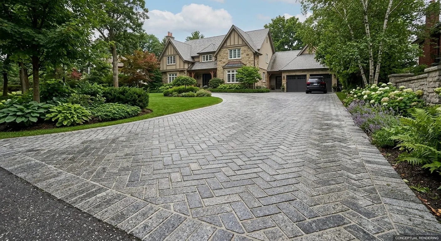 Conceptual rendering of granite pavers in herringbone pattern in driveway.