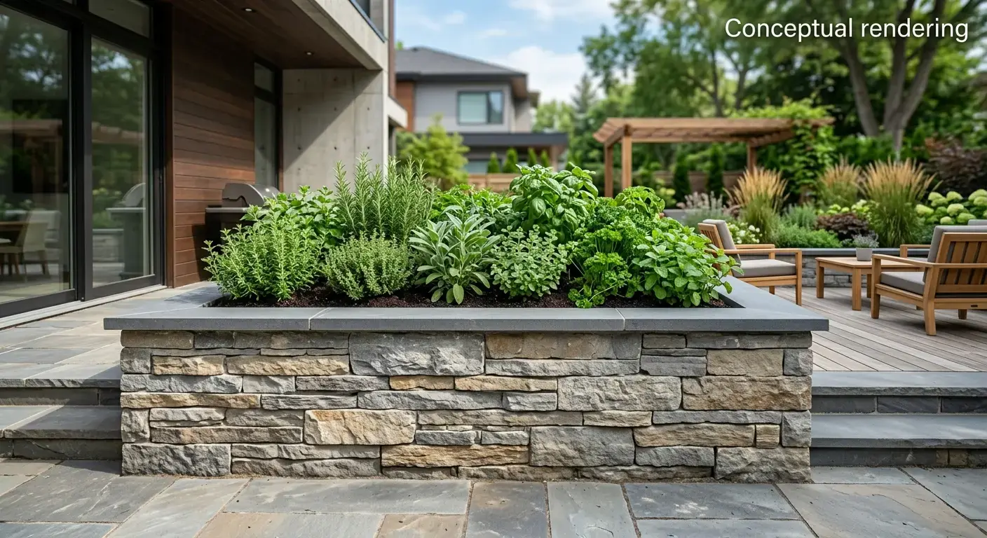 Conceptual rendering of stacked stone raised planter box in walkway.