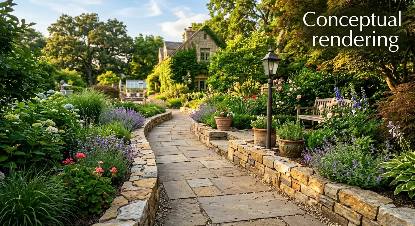 Conceptual rendering of quartzite stone in garden border.