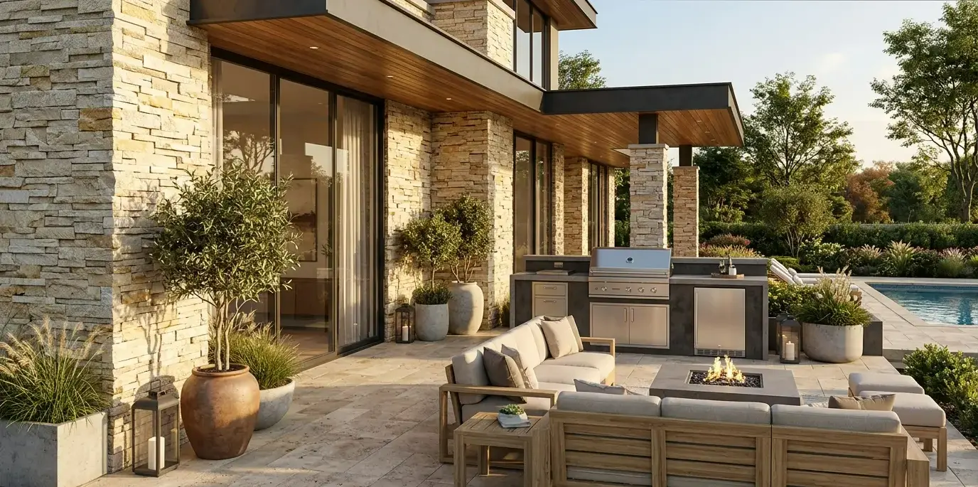Conceptual rendering of a modern home with a stacked stone facade and covered outdoor patio.