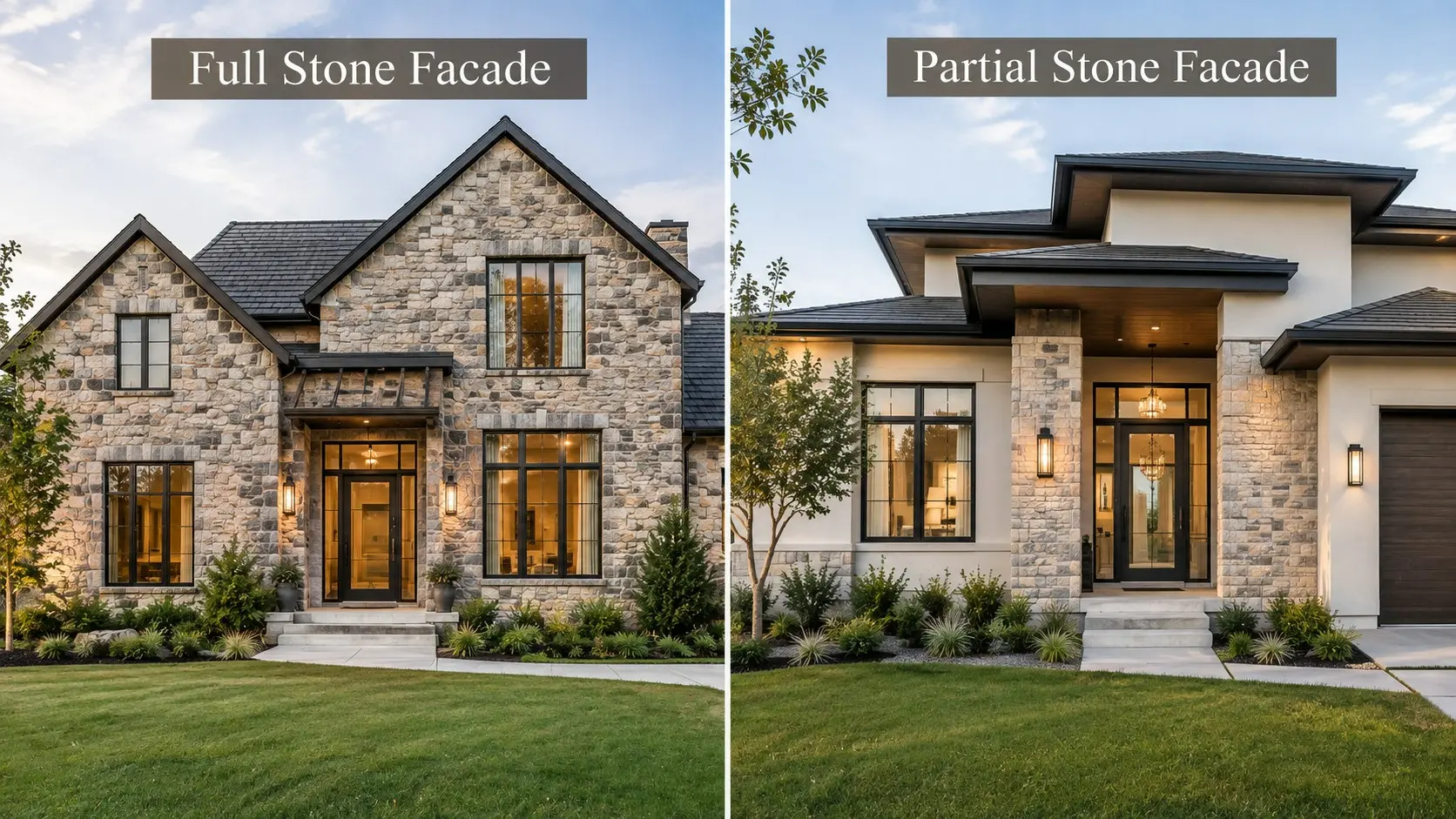 Conceptual rendering comparing a full stone facade on a two-story gabled home with a partial stone facade on a modern stucco home featuring stone-clad entry columns.