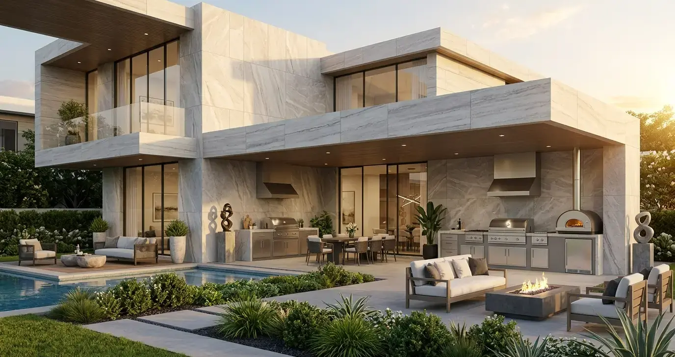 Conceptual rendering of a modern home with a large-format marble-look stone facade and covered outdoor living area.