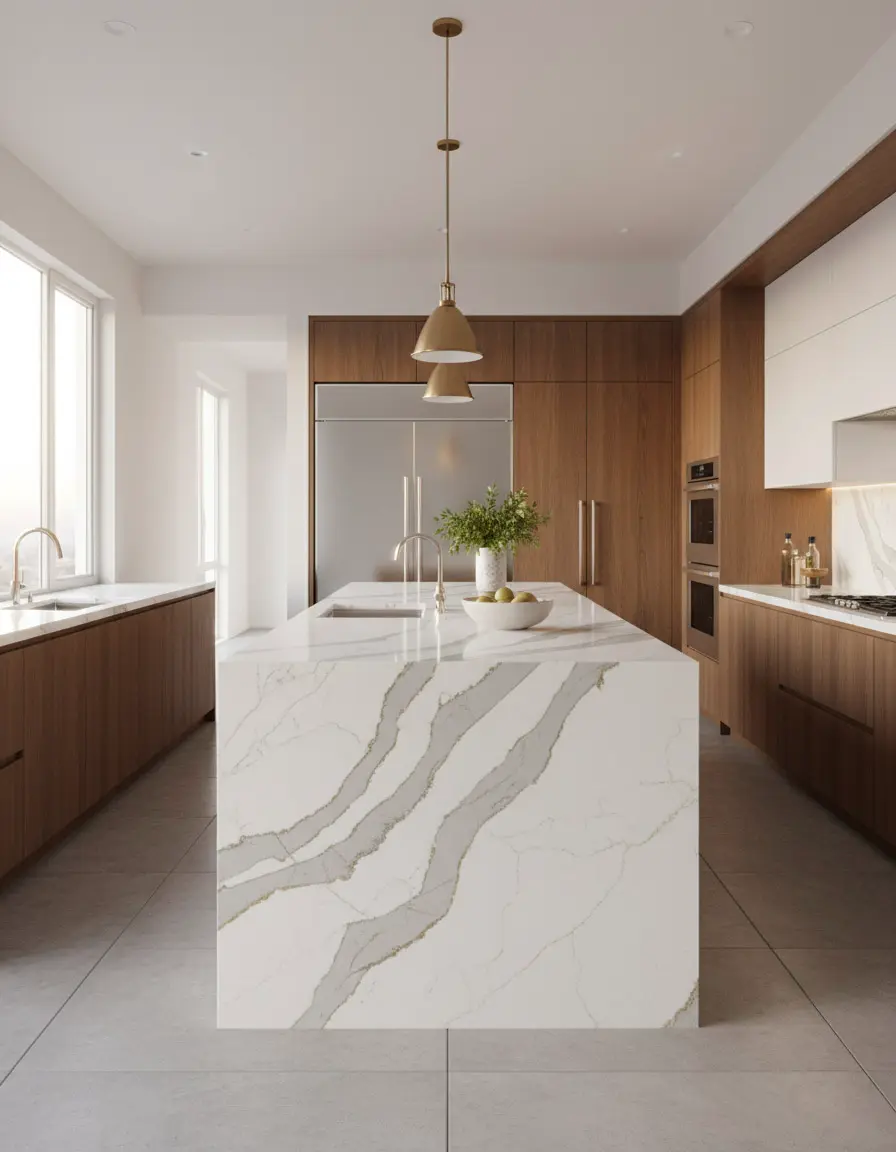 Contemporary kitchen with grey and white quartz countertop island available at Nova Tile Reno