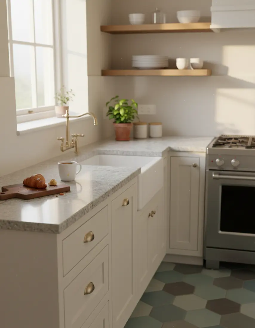 Pre-fabricated white countertops with farmhouse sink in charming kitchen with hexagon tile floors