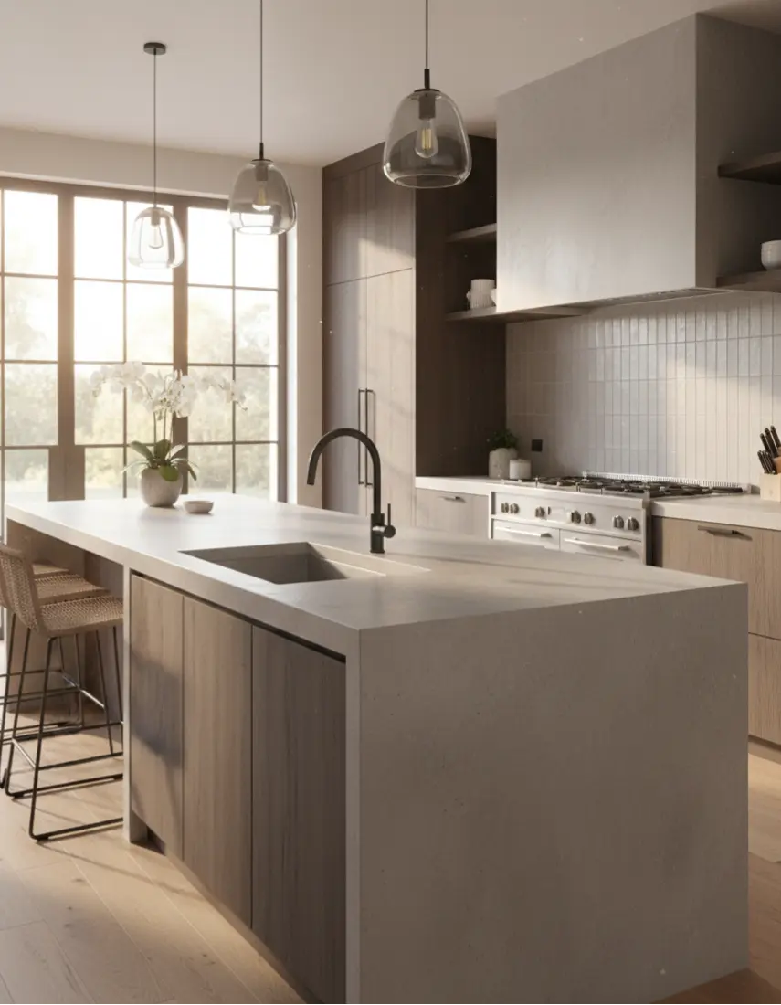 Warm-toned sintered stone kitchen island countertop with modern pendant lighting