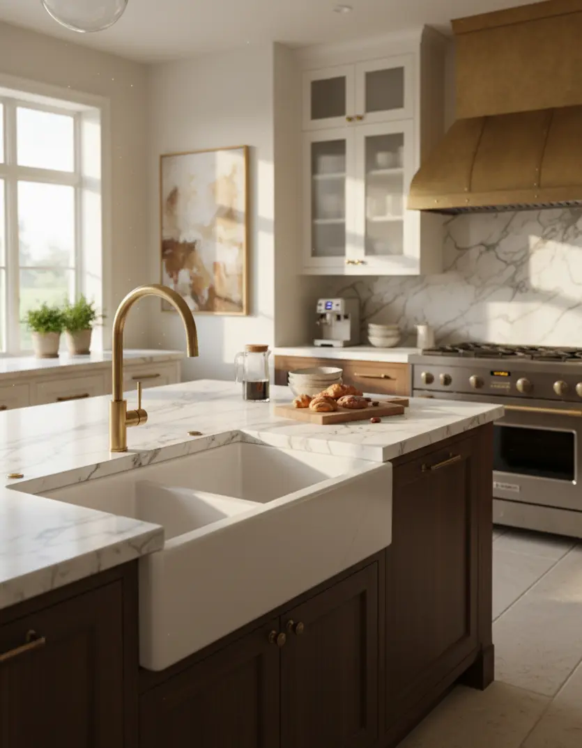 Bright white porcelain countertops with farmhouse sink in transitional kitchen desig