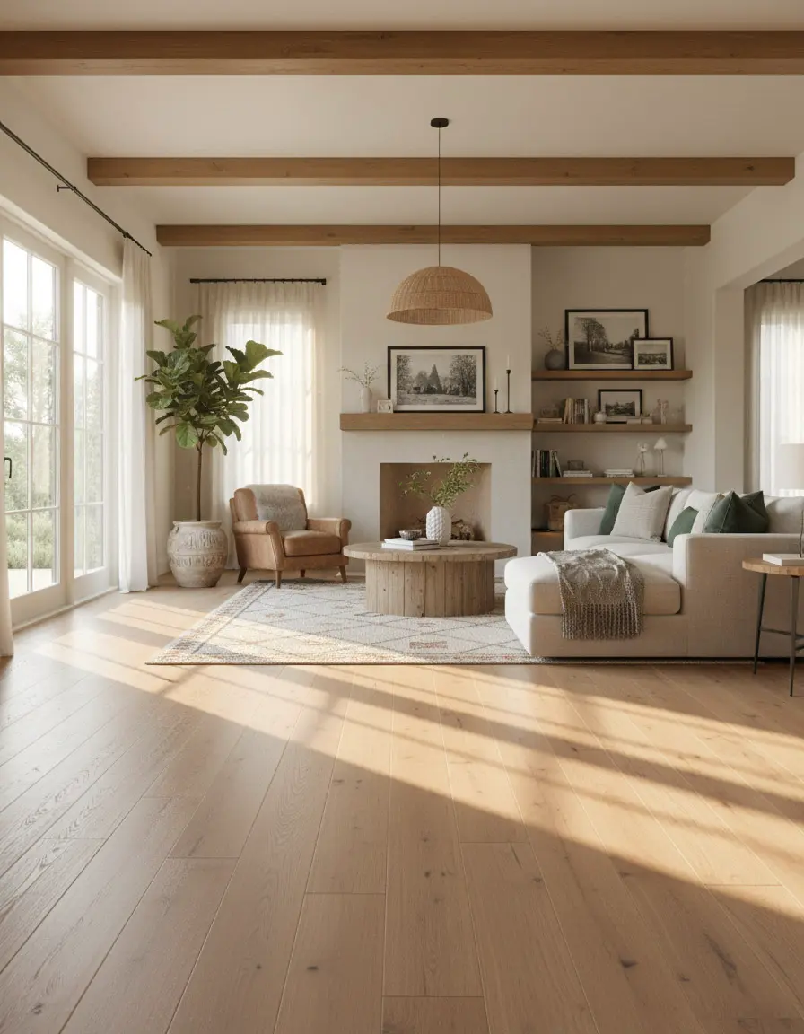 Bright living room with natural light oak hardwood flooring available at Nova Tile and Stone Reno