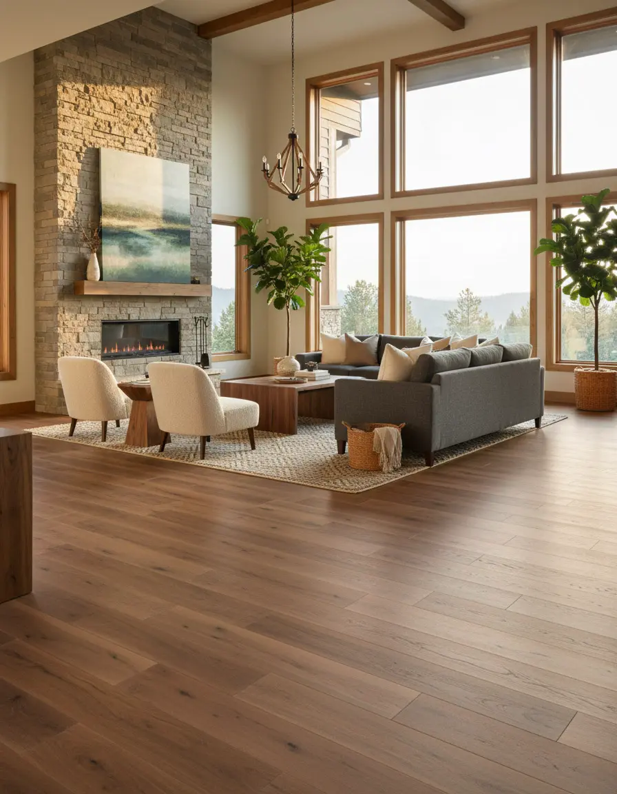 Open-concept living room with warm oak luxury vinyl plank flooring and stone fireplace available at Nova Tile and Stone Reno