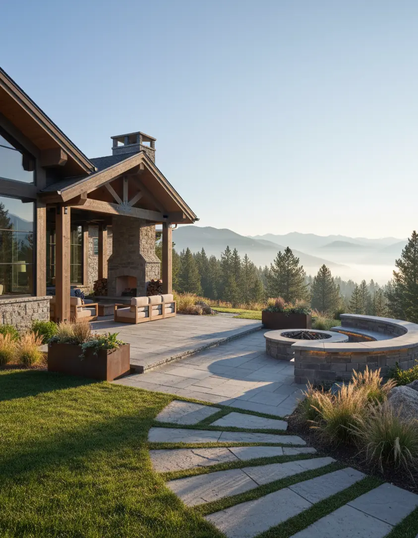 Outdoor patio with stone pavers and fire pit featuring mountain views available at Nova Tile and Stone Reno