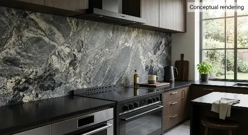 Gray granite backsplash slab with leathered finish in kitchen