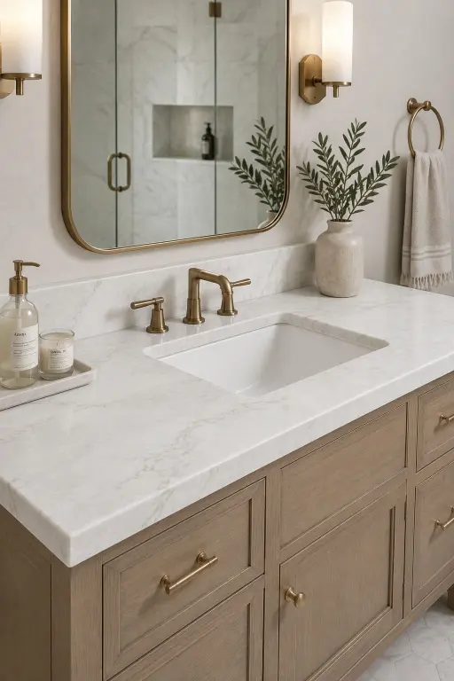 Conceptual rendering of a white quartzite countertop in a bathroom