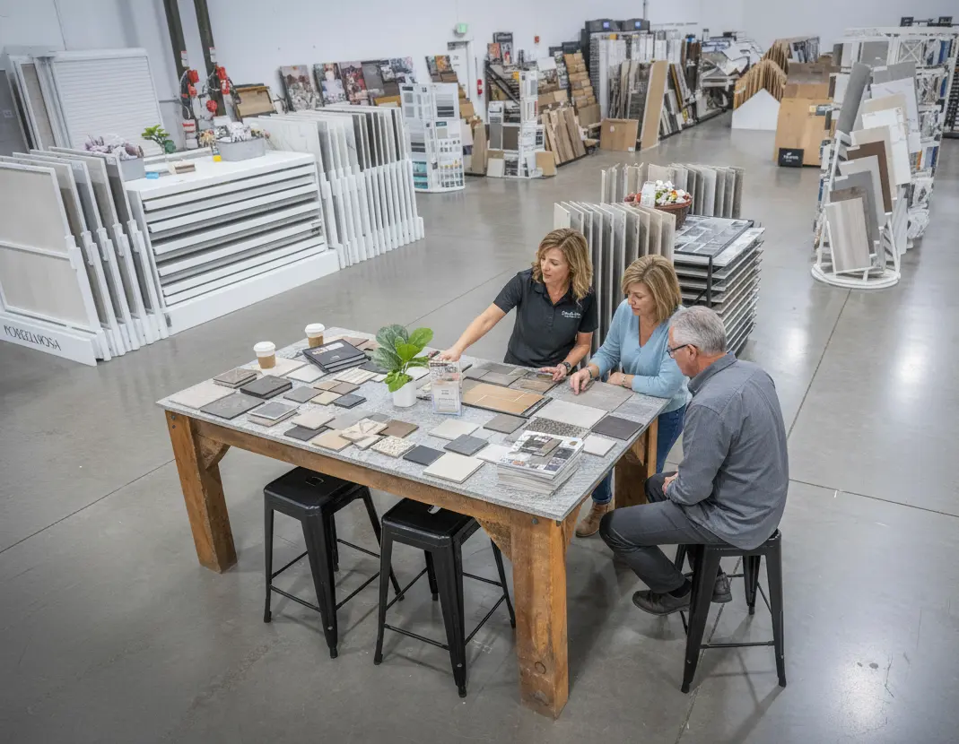 Nova Tile and Stone design consultant helping customers select tile and countertop samples at Reno showroom
