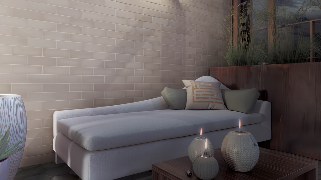 A horizontal stacked tile installation showcasing the clean lines of the Perfection Bianco matte subway tiles.