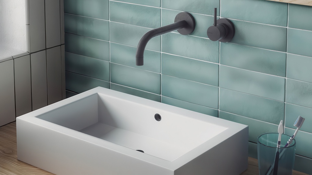 Modern bathroom sink area featuring a white rectangular vessel sink, matte black wall-mounted fixtures, and a horizontal teal-green subway tile backsplash