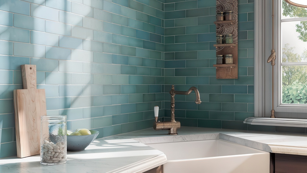 Contemporary kitchen workspace with muted green horizontal tiles, open wooden shelving, and dark cabinetry