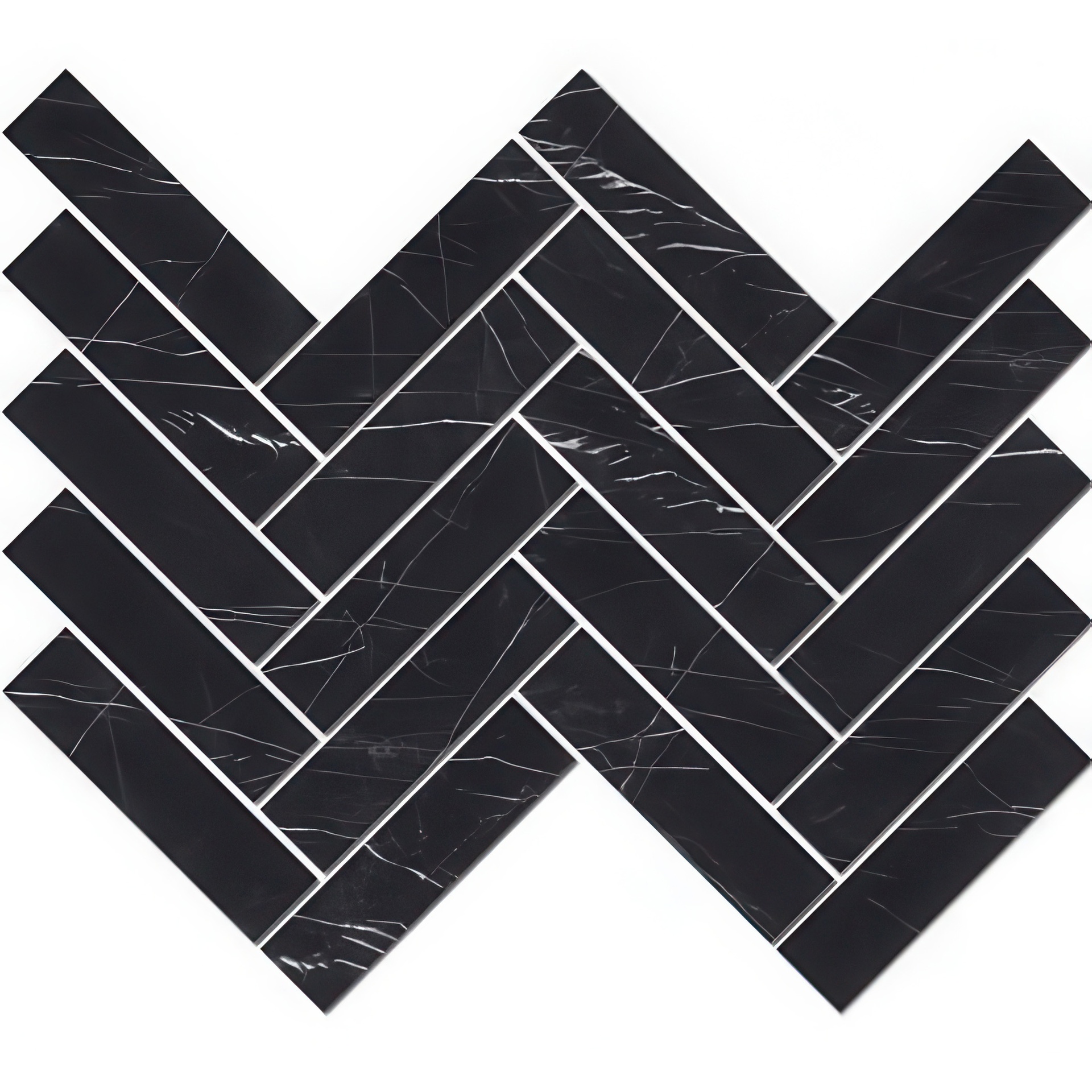 Epic 1.5x6 Herringbone Satin or Polished Marble Look Porcelain Mosaic Tile (Epic: Nero Marquina, Polished)
