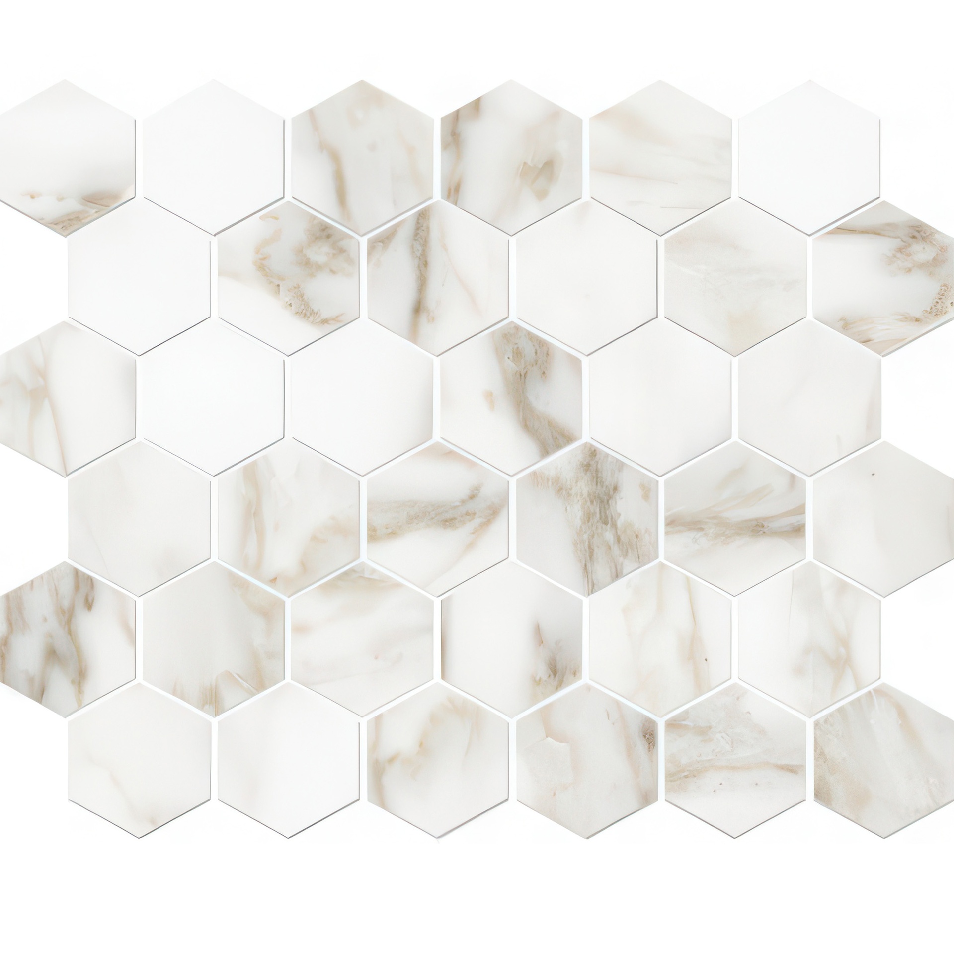Mozart 2in Hexagon Honed or Polished Marble Look Porcelain Mosaic Tile (Mozart: Calacatta Paonazzo, Polished)