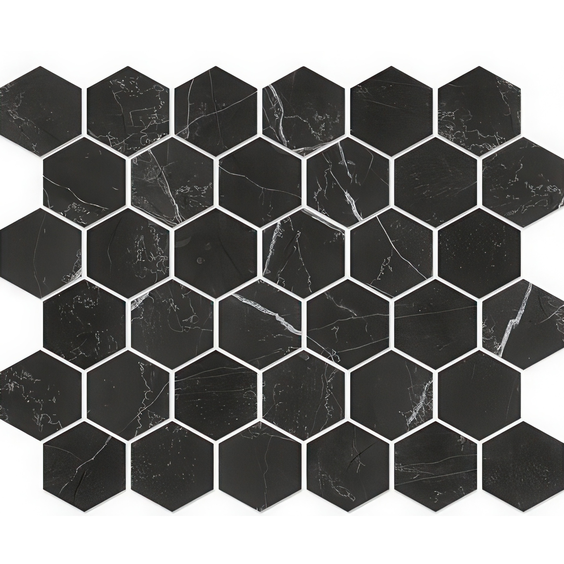 Mozart 2in Hexagon Honed or Polished Marble Look Porcelain Mosaic Tile (Mozart: Nero Venato, Honed)